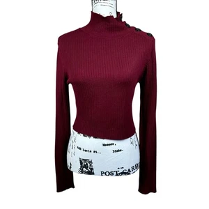 Zara Burgundy Ribbed Knit Mock Neck crop knit mock button sweater size L - Picture 1 of 16