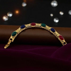 VTG Joan Rivers Textured Gold Tone Multi-color Cabochon Link Bracelet Statement - Picture 1 of 13