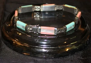 Pink Coral  Turquoise MOP  Sterling Silver Tennis  Bracelet  Beautiful  7"Long - Picture 1 of 11