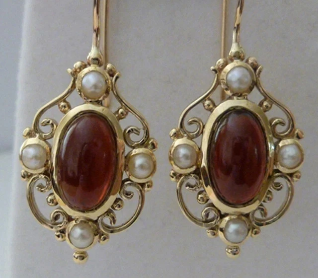 Drop Dangle Earrings 14K Yellow Gold Plated Simulated Oval Cut Garnet Earrings - Image 1 of 4