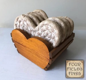 Vintage Farmhouse Braided Heart 4 Coaster Set in Heart Shaped Wooden Box, Slats - Picture 1 of 13