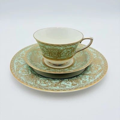 Royal Worcester Embassy Cup Saucer Plate Set – Mint Green Heavy Gold Gilt 3pcs - Image 1 of 4