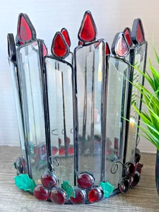 Beautiful Stained Glass Candles & Berries Candle Holder 7.5"Tall  7"Wide  5"Deep - Picture 1 of 7