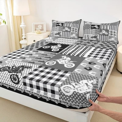 Sábana Ajustable Motocicleta Dirt Bike Talla Queen Blanco Gris Rayas Rejilla Ropa de Cama... Foto 1 de 4