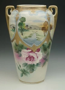 NIPPON NISHIKI HANDLED 12.5"  VASE ROSES SCENIC RAISED MORIAGE ANTIQUE  - Picture 1 of 10