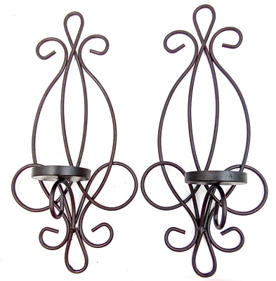 Black Iron Sconces Scrollwork Wall Mount Hanging Candle Holders 14" Set of 2 - Image 1 of 4