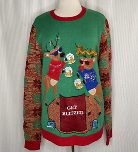 Christmas Sweater Jolly Get Blitzed Reindeer Drinking Beer Green Large - Picture 1 of 10