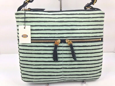 FOSSIL Erin Crossbody Mint Green Navy Stripe Crossboy Top Zip Canvas Purse NWT - Image 1 of 4