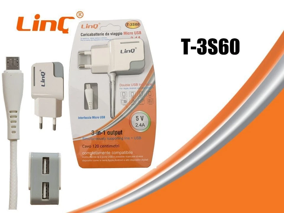 Caricabatterie da Viaggio Micro USB LinQ T-3S60 12W Doppio USB 2.4A Cavo 1.2m - Immagine 1 di 1