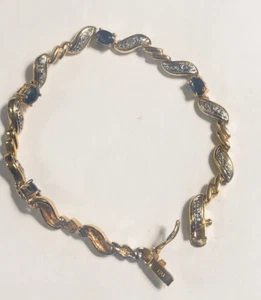 925 Sterling Silver Gold Vermeil Sapphire?Dark Stone Accent Tennis Bracelet 7.5" - Picture 1 of 6