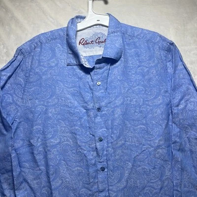 Robert Graham Linen Blend Shirt Mens XL Blue Paisley Contrast Cuff Classic Fit - Image 1 of 4