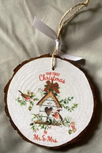 Our 1st Christmas As Mr & Mrs Robin Handmade Tree Decoration Hanging Wood Slice - Picture 1 of 2