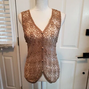 Gilet Cardigan Vintage Lisa Uncinetto Donna Small Mocha Marrone Boho Festival - Foto 1 di 9