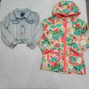 5T Kids Oshkosh Denim Jean Jacket w/ animals on back & Floral Rain Jacket 5T - Picture 1 of 6