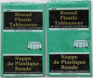 Lot of 2 - Unique Emerald Green Round Plastic 84" Tablecloth Tablecover Reusable