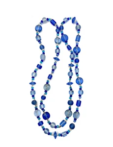 Vintage Shades of Blue & Clear Frosted Glass Beaded Necklace 32" Art Handmade - Picture 1 of 24