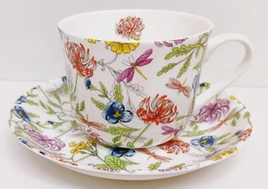 Japanese Garden Dragonflies Cup & Saucer Bone China 450ml Jumbo Breakfast Floral - Picture 1 of 5