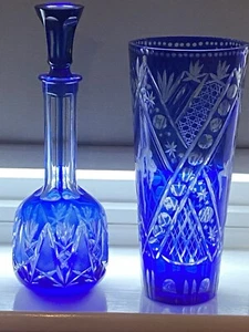 PAIR OF BOHEMIAN COBALT BLUE CUT GLASS VASE AND DECANTER - Picture 1 of 3