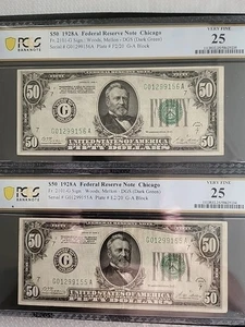 2 Consecutive 1928 A  $50 Federal Reserve Note Chicago .Very Fine 25    PCGS-25  - Picture 1 of 8