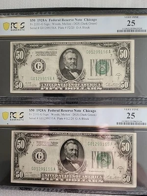 2 Consecutive 1928 A  $50 Federal Reserve Note Chicago .Very Fine 25    PCGS-25  - Image 1 of 4