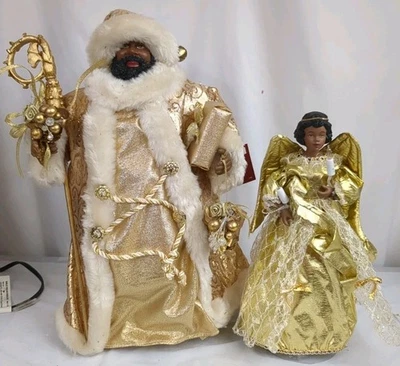 Banco de trabajo de Papá Noel de colección de 16" dorado afroamericano Papá Noel y ángel árbol adorno Foto 1 de 4