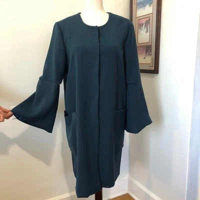 Bagatelle Heritage Longline Overcoat Teal Blue Bell Sleeves Quiet Luxury Medium - Image 1 of 4