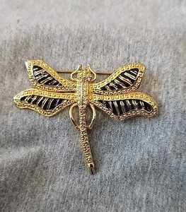 Vintage Libelle 2,25" große Brosche bunt emailliert goldfarben & Strass 90er  - Bild 1 von 4