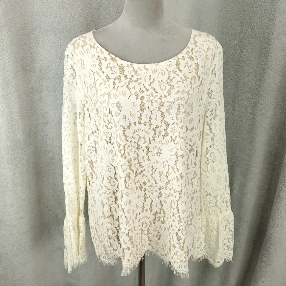 New Lace Blouse Womens XL Cream Flared Lined Scalloped Raw Hem Boho NWT - Image 1 of 4