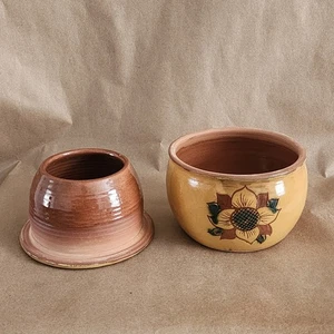 Pottery Glazed Sunflowers Butter Bell Crock Keeper Hand Painted Brown Yellow  - Picture 1 of 22