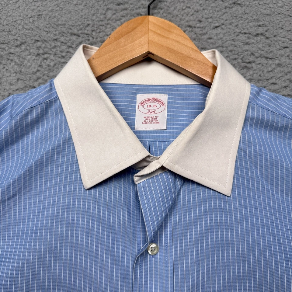 Brooks Brothers Dress Shirt Mens 18 35 Blue Contrast Collar French Cuffs Regular - Image 1 of 4