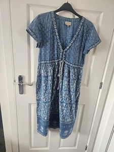 Vintage East with Anokhi Indian Blue Indian Hand Block Printed Dress Size 8 - Picture 1 of 12