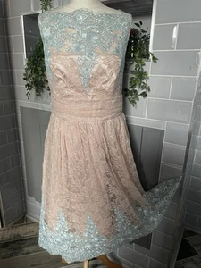 ARIELLA LONDON BLUE NUDE LACE EMBROIDERED SCALLOPED DRESS ROCKABILLY SIZE 12-14 - Picture 1 of 7