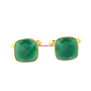 Natural Green Onyx Gemstone With 18K Gold Plated Silver Cufflinks #70 - Picture 1 of 12