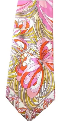 Gravata de seda vintage Emilio Pucci Firenze aquarela borboleta rosa laranja verde - Imagem 1 de 4