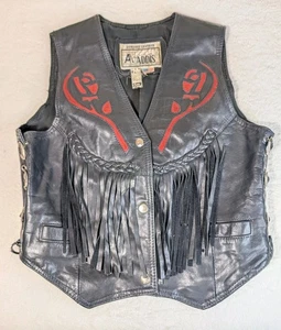 Vintage Biker Weste Leder Damen Gr. 4 ADDIS bestickt Rosen Quaste - Bild 1 von 9