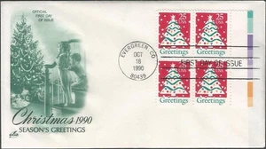 Scott 2515 FDC block of 4 stamps - 25 cent - 1990 - Christmas Greetings - FDOI - Picture 1 of 2