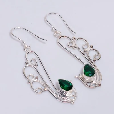 Pendientes de plata de ley 925 vintage de piedra de diopsido cromada de 2,3" KE-495 P809 Foto 1 de 4