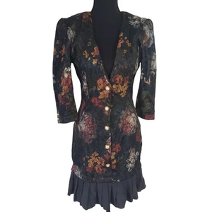 Vintage 90s Womens Floral Tapestry Brocade Blazer Dress Size 3 Ruffle Party - Picture 1 of 6