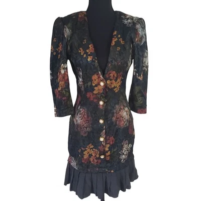 Vestido Blazer Vintage Años 90 Para Mujer Tapiz Floral Brocado Talla 3 Volantes Fiesta Foto 1 de 4