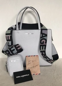 NWT~KARL LAGERFELD PARIS LEATHER ICE BLUE DET C/B & DBL HANDLE TOTE W/CARD CASE - Picture 1 of 9