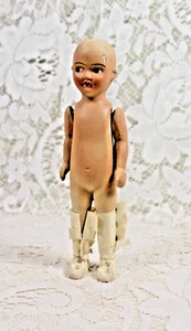 Antique Bisque Doll Molded Bonnet Jointed Arm “Frozen” Miniature 3” Dollhouse Sz - Picture 1 of 8