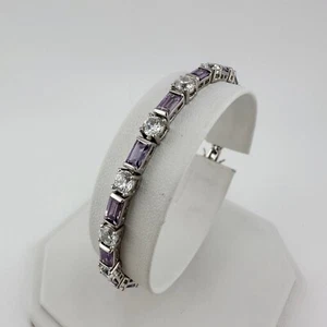 6.75” 925 FAS Rhodium Plated Tennis Bracelet W Purple Glass Baguettes White RBC - Picture 1 of 9