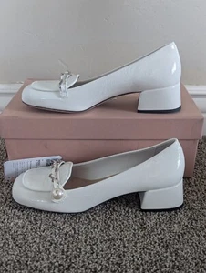 Size 7 Women's Miu Miu Faux Pearl Accents Patent Leather White Slip On Loafers - Picture 1 of 10