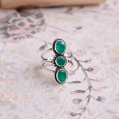 Anello dichiarazione argento sterling 925 pietra preziosa onice verde gioiell... - Immagine 1 di 4