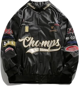 Faux Leather Jacket Oversized Racing Jackets Moto Coats Unisex Trendy Streetwear - Picture 1 of 6