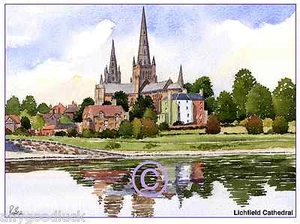LICHFIELD CATHEDRAL STOWE POOL STAFFS WATERCOLOUR ARTISTS PRINT ART CARD 8"x 6" - Picture 1 of 1
