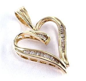 14K Yellow Gold .25CT Baguette Diamond Heart Pendant Love Womens Valentine Amore - Picture 1 of 8