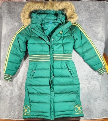 Chaqueta acolchada larga Adidas Notre Dame para mujer talla mediana capucha de piel verde de colección Foto 1 de 4