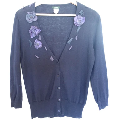 J Crew Cardigan Sweater Womens Small Navy Purple Floral Applique Beaded Thin - Image 1 of 4