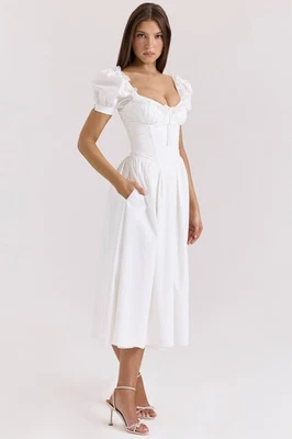 HOUSEOFCB'Lulabell'White Stretch Cotton Puff SleeveMidiDress/Size S-US4-6/QA2432 - Image 1 of 4